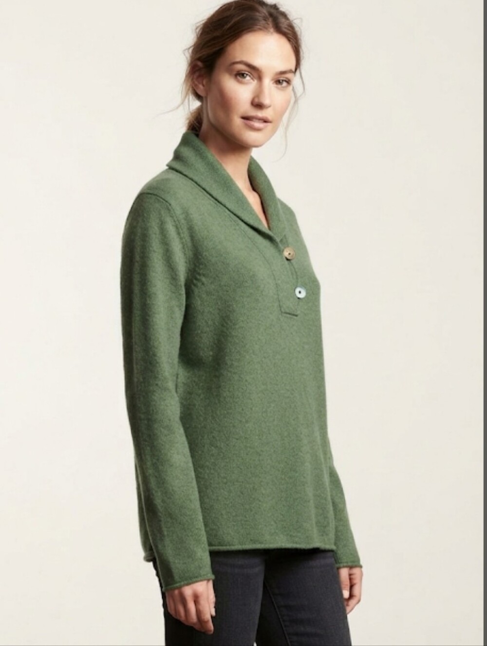 Women's Gap Green Knit Shawl Collar Pullover 2 Button Sweater Size Large